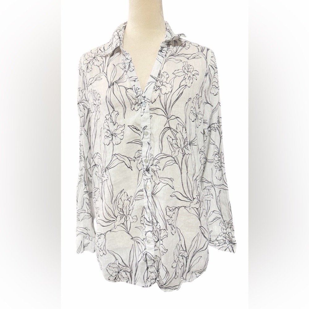 Cynthia Rowley  100% Linen White and Black Botanical Button Down Shirt